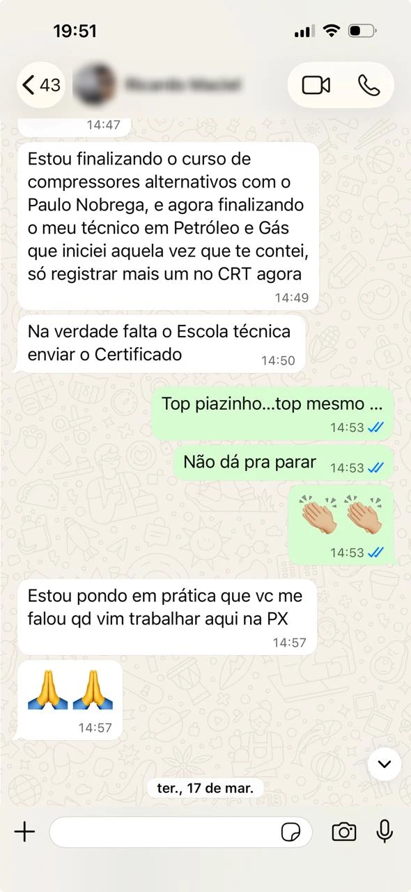 Depoimento de aluno no WhatsApp