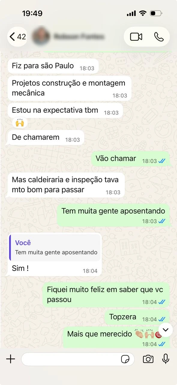 Depoimento de aluno no WhatsApp