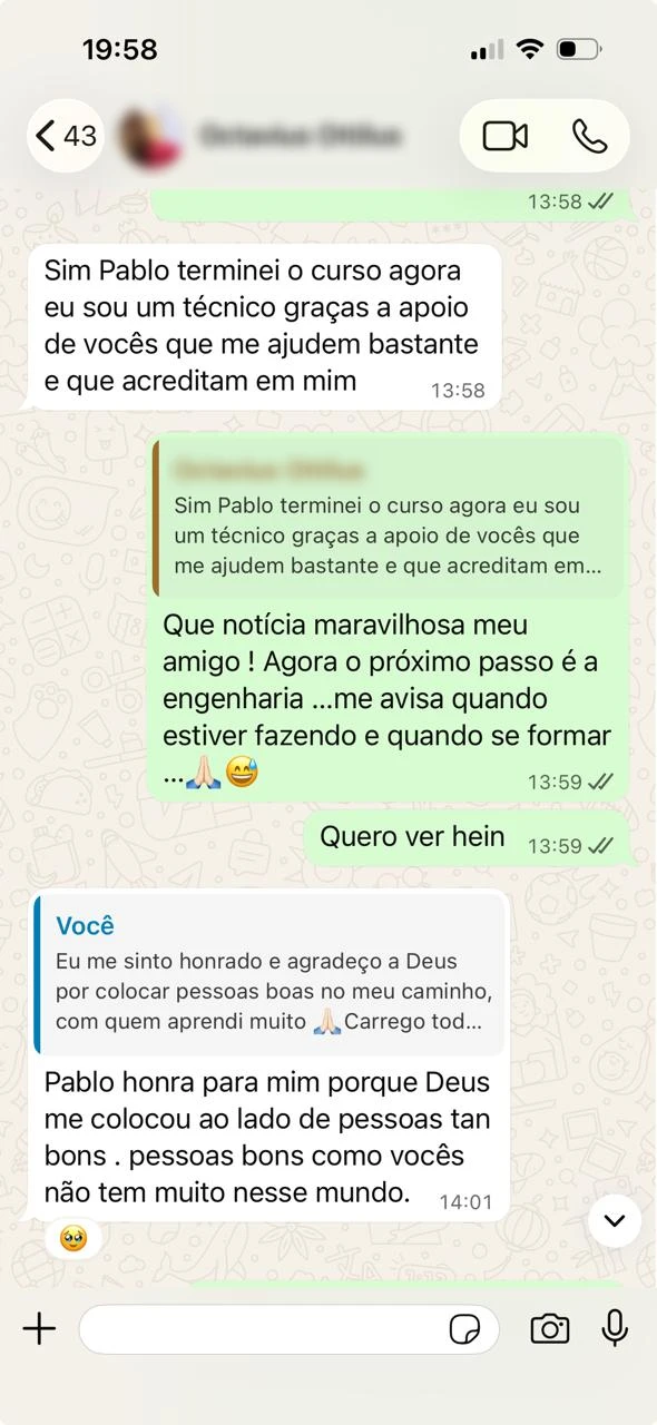 Depoimento de aluno no WhatsApp